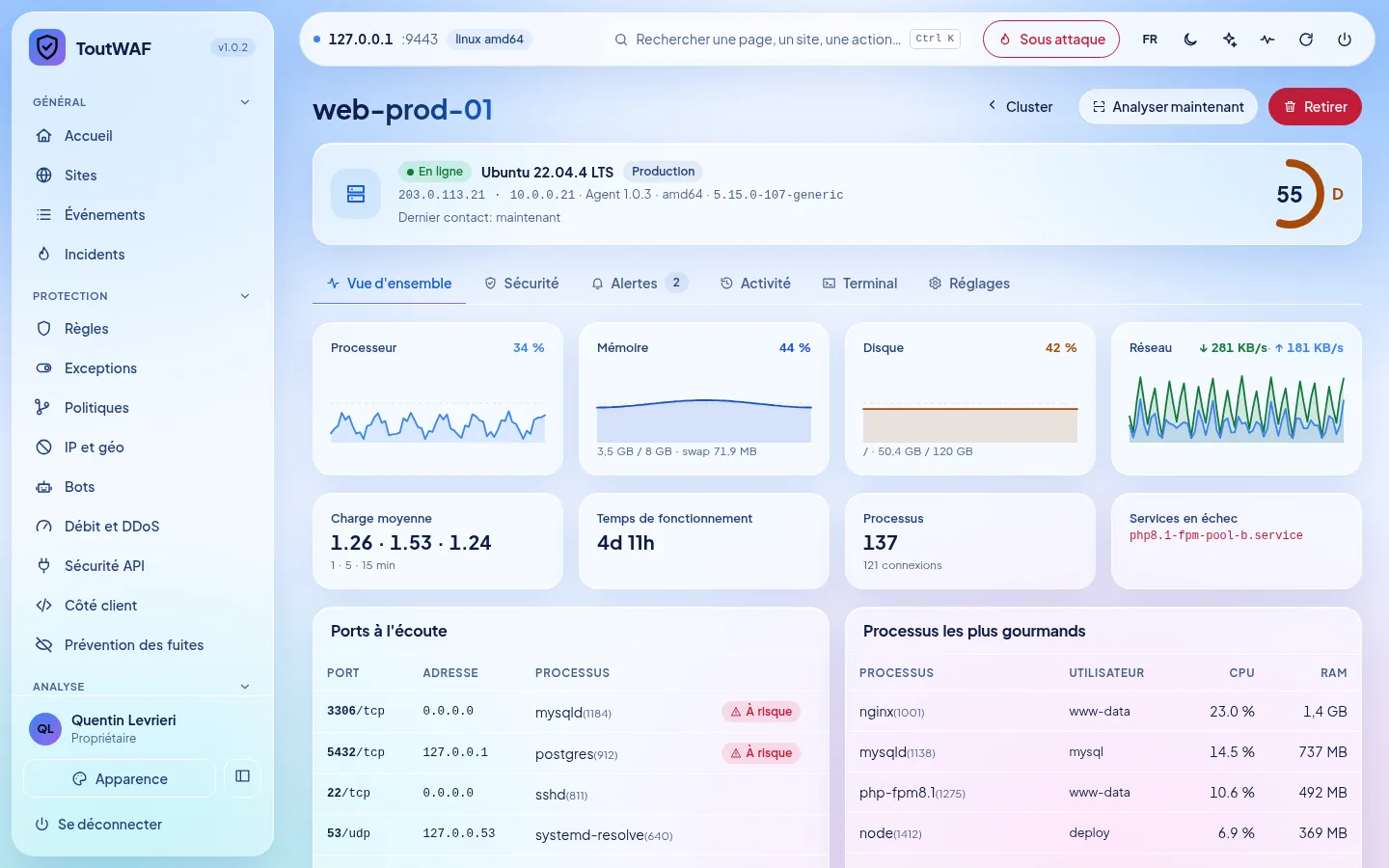 Dashboard del server: risorse in tempo reale, correzioni, terminale